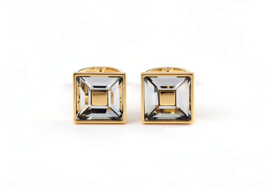 Gray swarovski square crystal cufflinks - 14k yellow gold plated