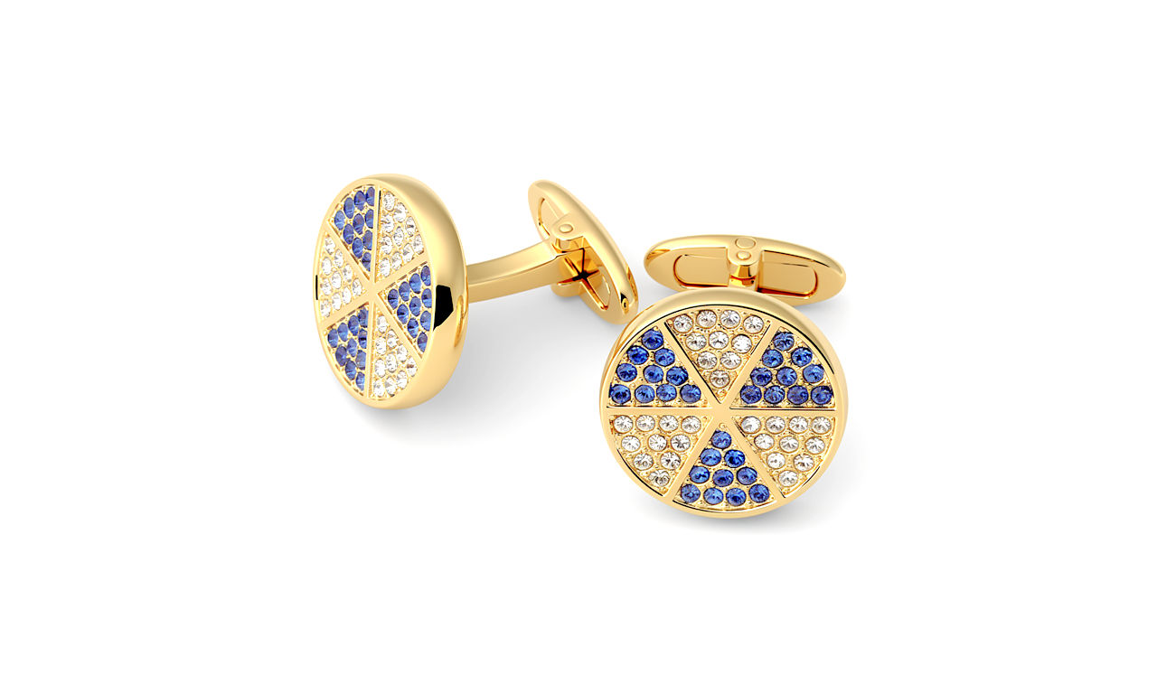 Sapphire & clear triangles crystal cufflinks 14k yellow gold plated
