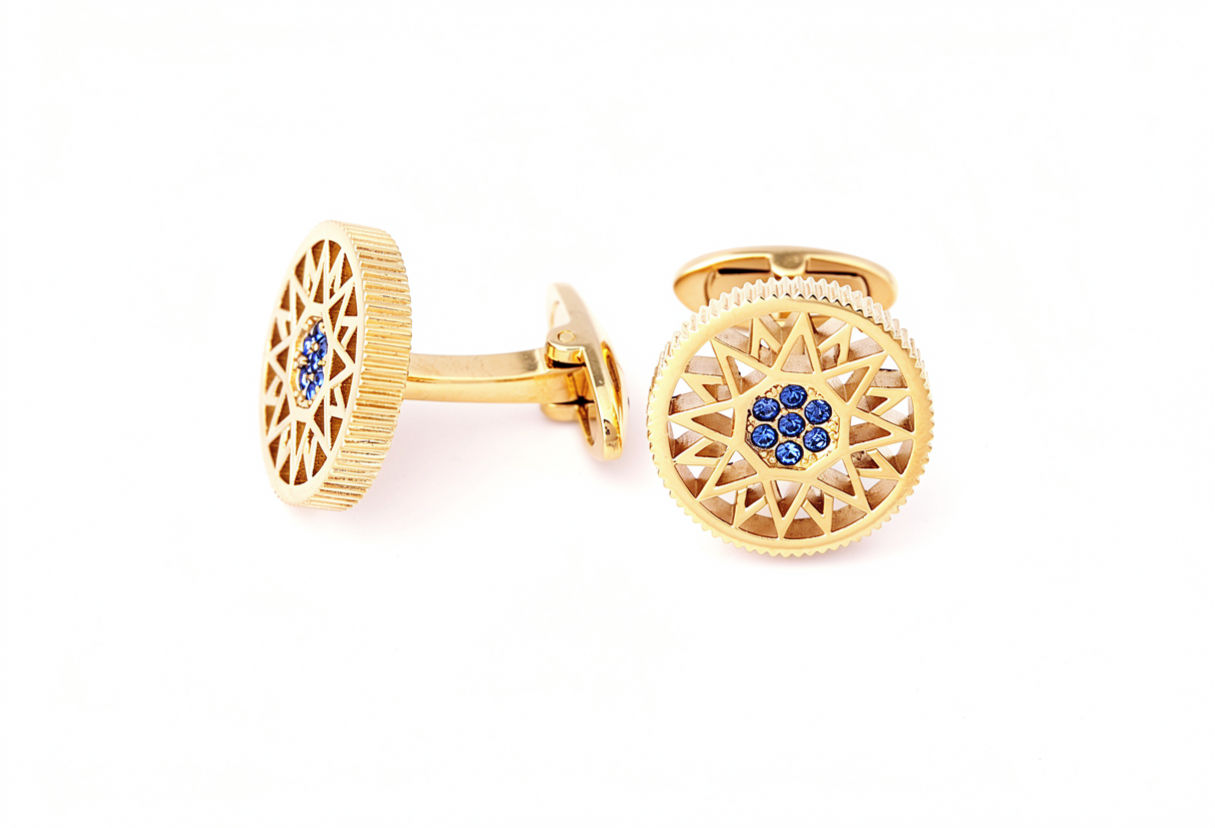 Sapphire swarovski crystal star cufflinks 14k yellow gold plated