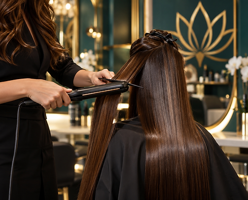 Professional keratin hair smoothing training showing straightening technique at Aura10 in Oxfordshire