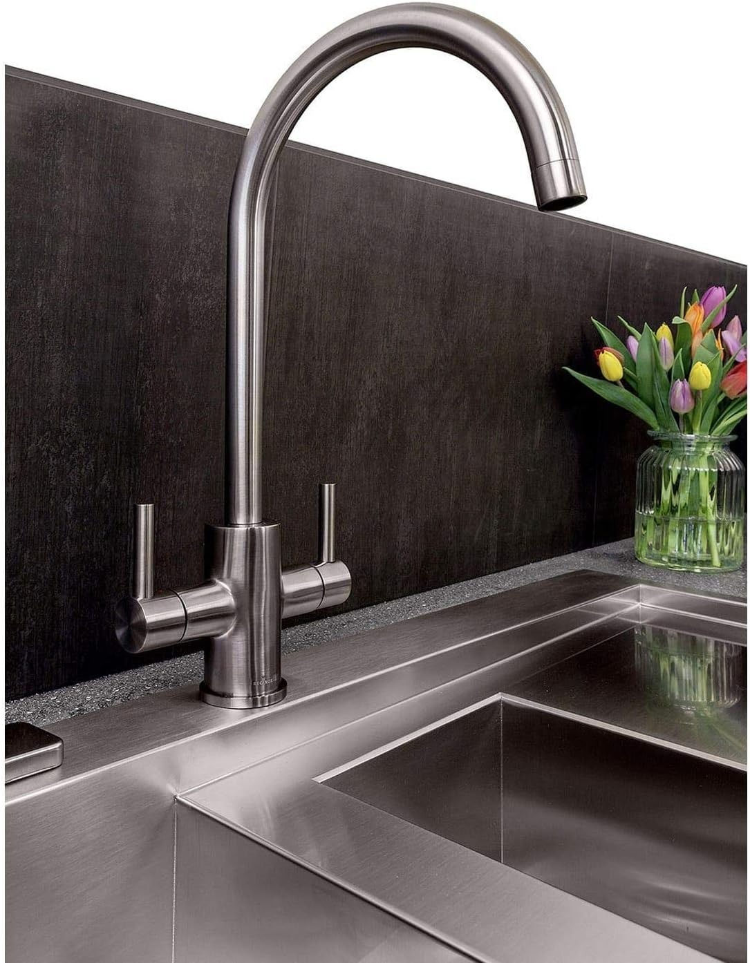 Reginox Genesis Dual Lever Brushed Nickel Contemporary Swan Neck Tap