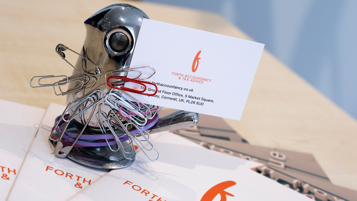 Image of a bird with paperclips on a Forth Accountancy brochure with a Forth Accountancy business card in the paperclips