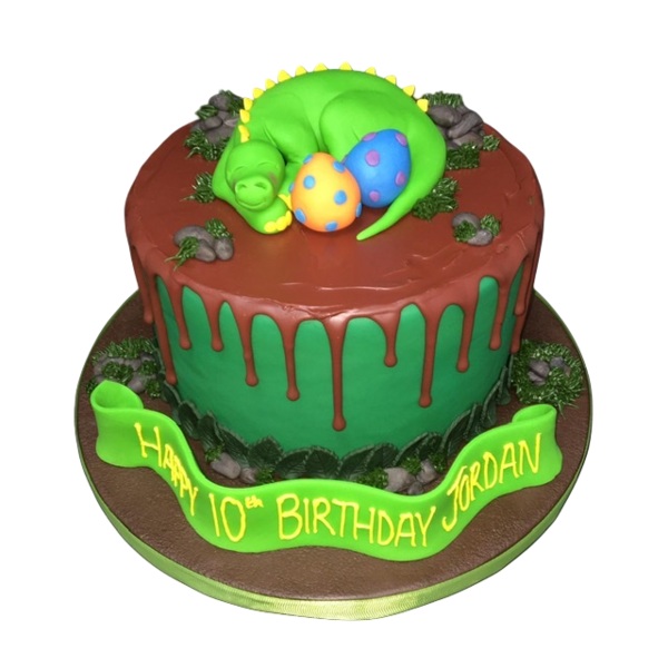 A beautifully decorated Momma Dinosaur cake with eggs for a fun and unique celebration. Perfect for dinosaur enthusiasts and birthday parties.