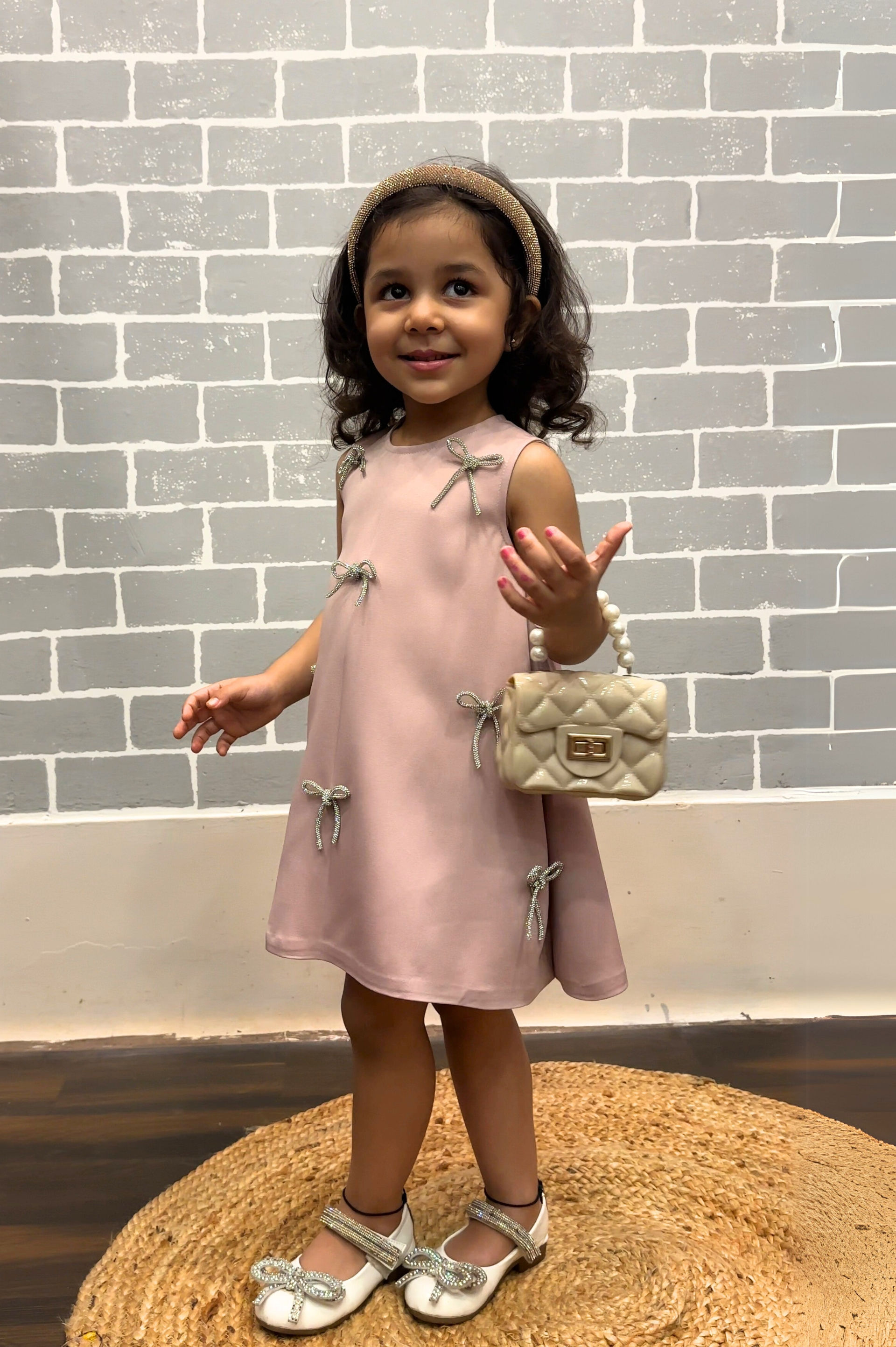 Onion Pink Dress with Stone Bows