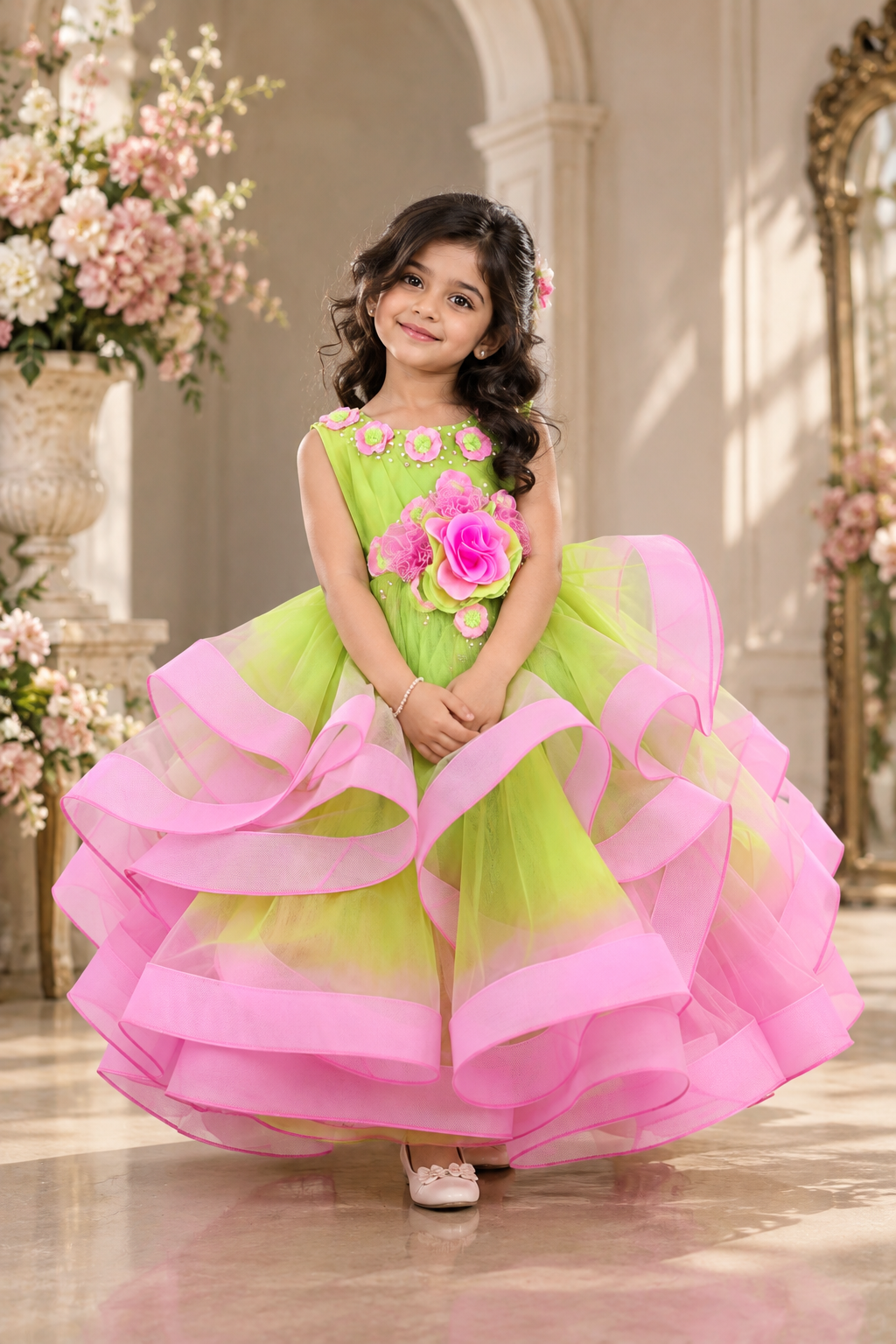 Twirl-Layered Floral Full-Length Gown – Lime Green & Pink