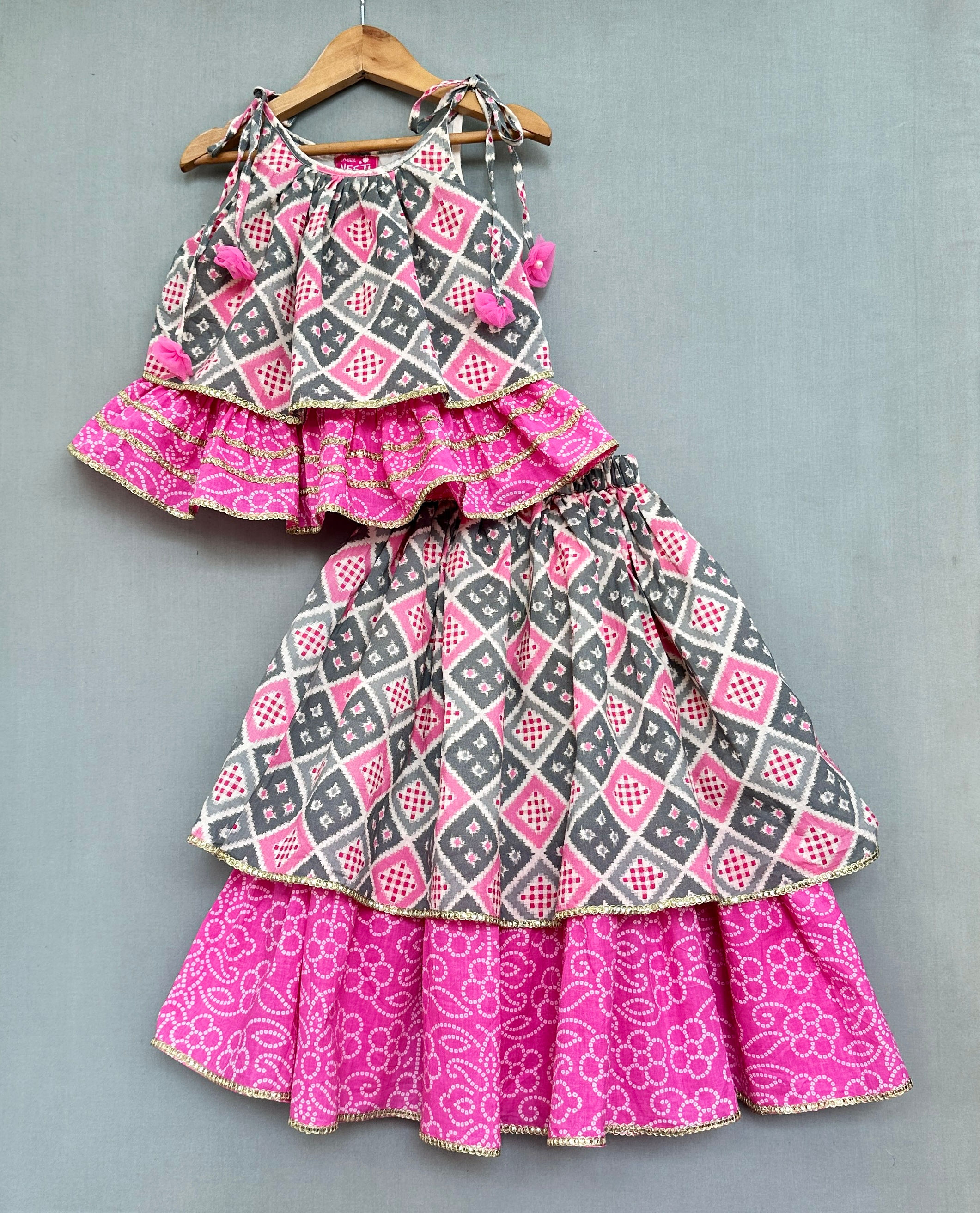 Bandhani And Checks Printed Tie Up Strap Top And Lehenga