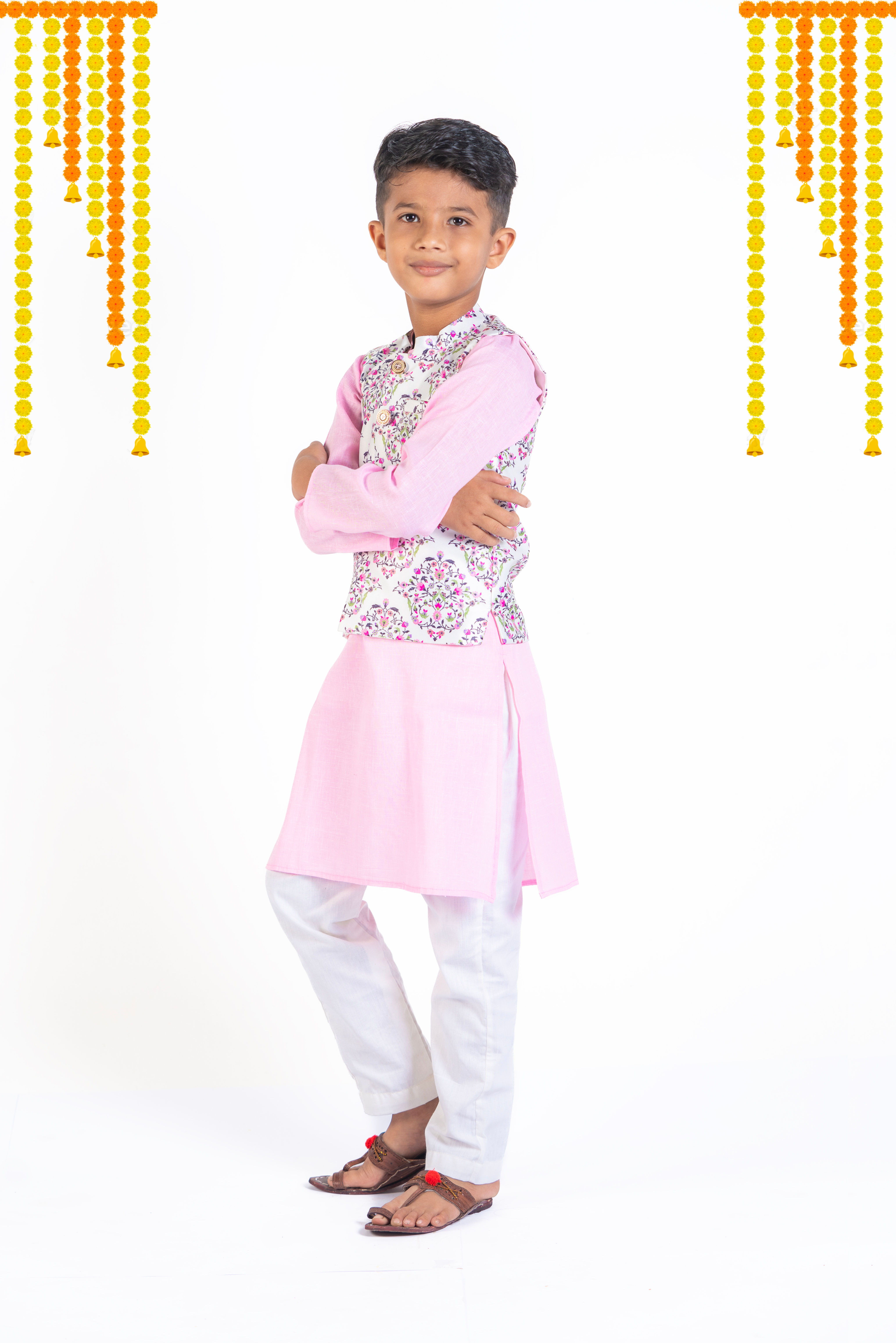 Pink Cotton Kurta & Straight Pant with Floral Bandi