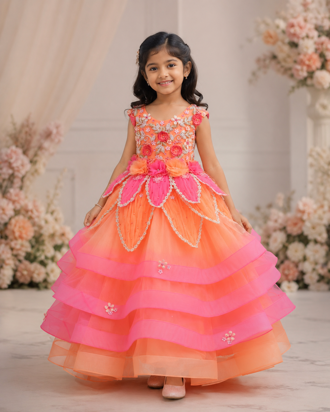 Peach Bud Rose Pink Net Satin 3D Floral Petal Gown