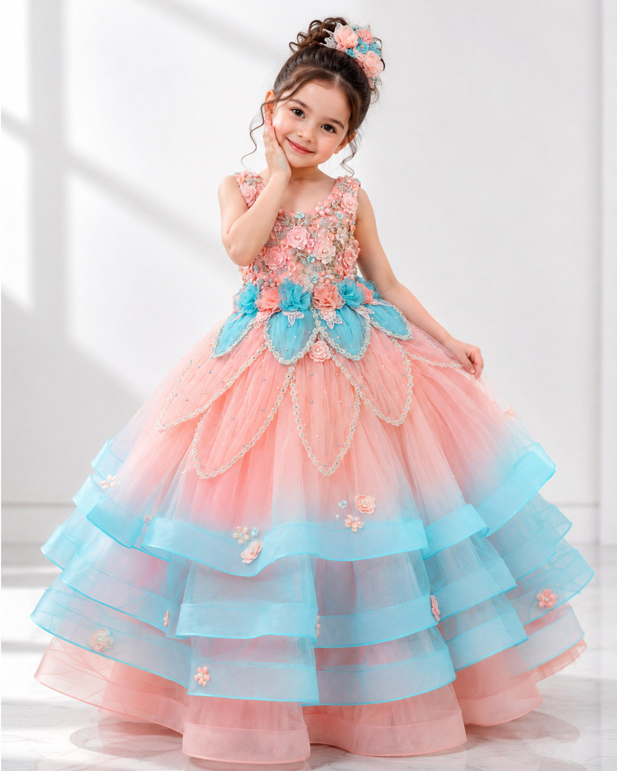 Flamingo Pink & Sky Blue 3D Petal Floral Gown