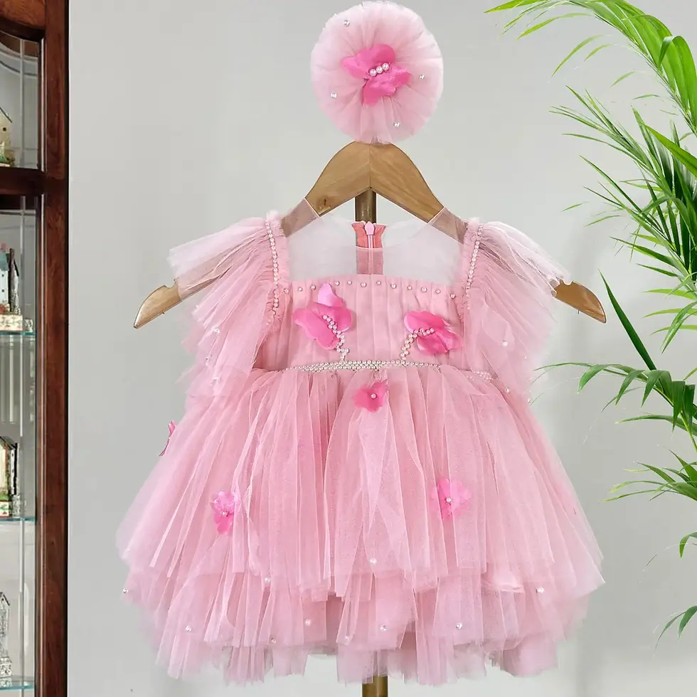 Pink Net Dress with Butterflies and Flowers