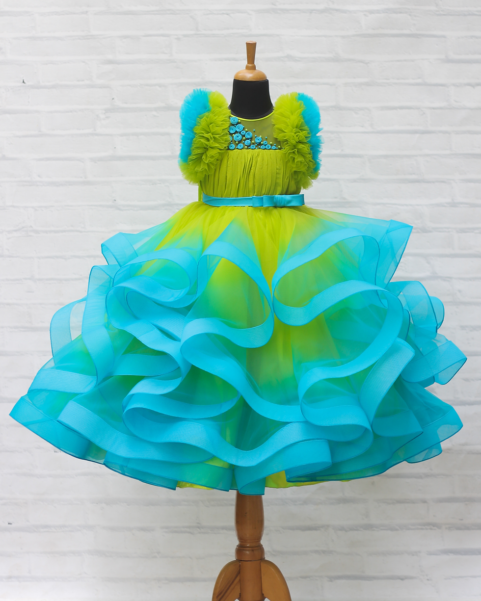 Lime Green & Turquoise Blue Double Shaded Frilled Sleeve Partywear Gown