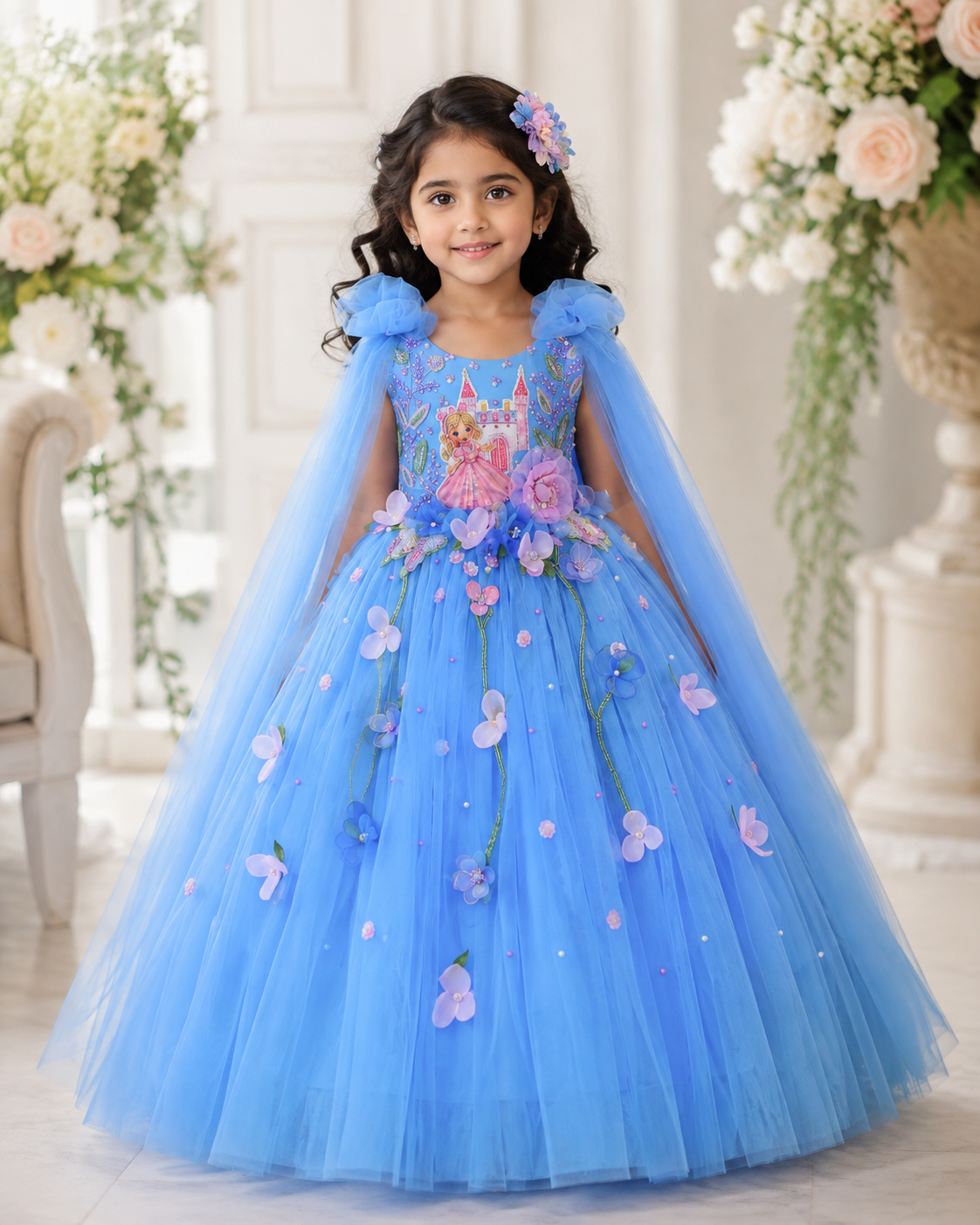 Saphire Blue Satin Net Princess Gown