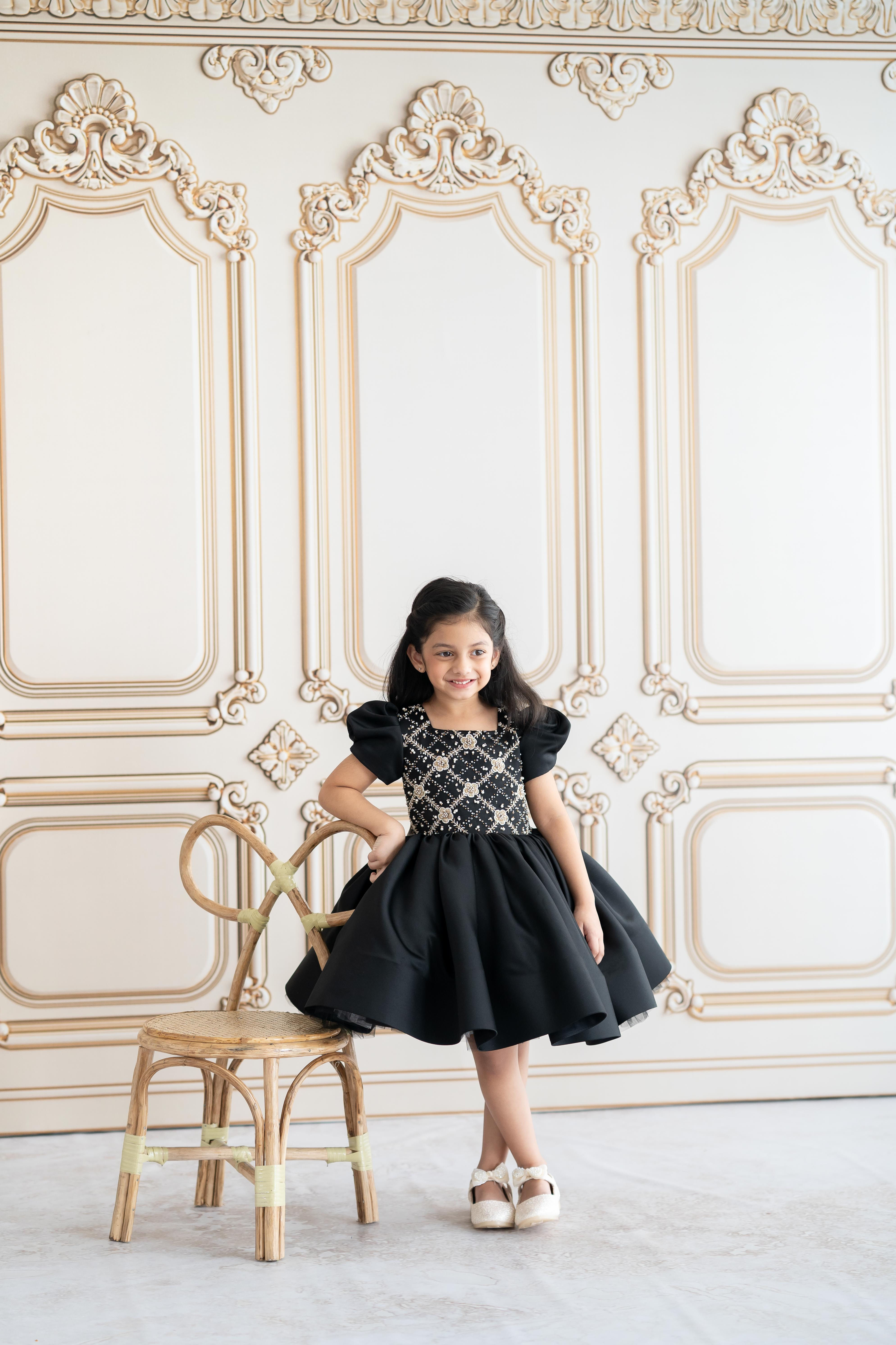 Black Satin Dress With Gold Embroidery