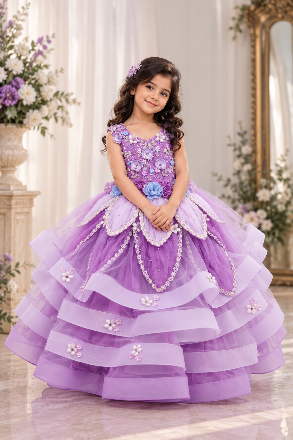 3D Petal Floral Full-Length Gown - Pale Lavender