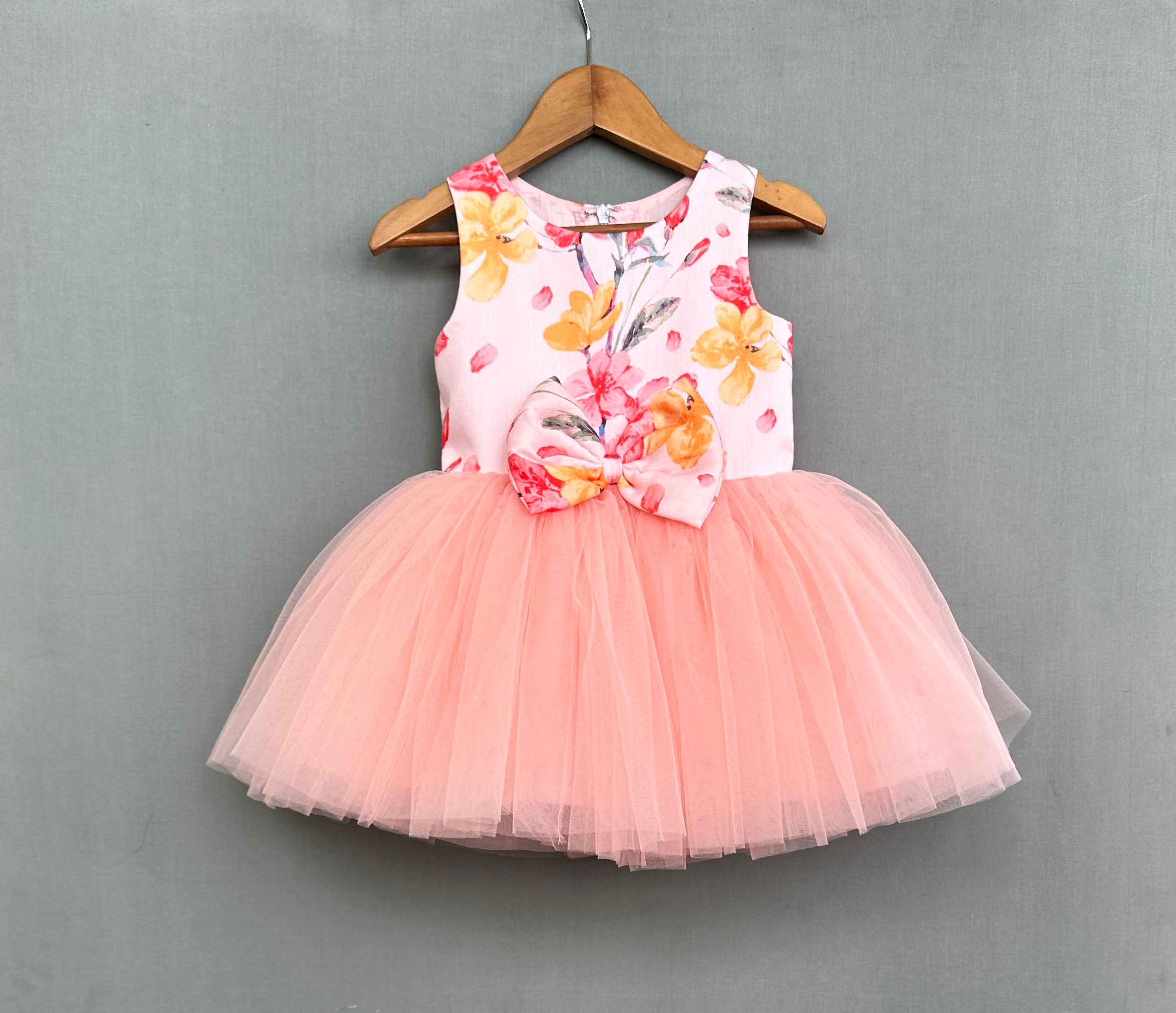 Light Peach Floral Net Flair Dress with Bow