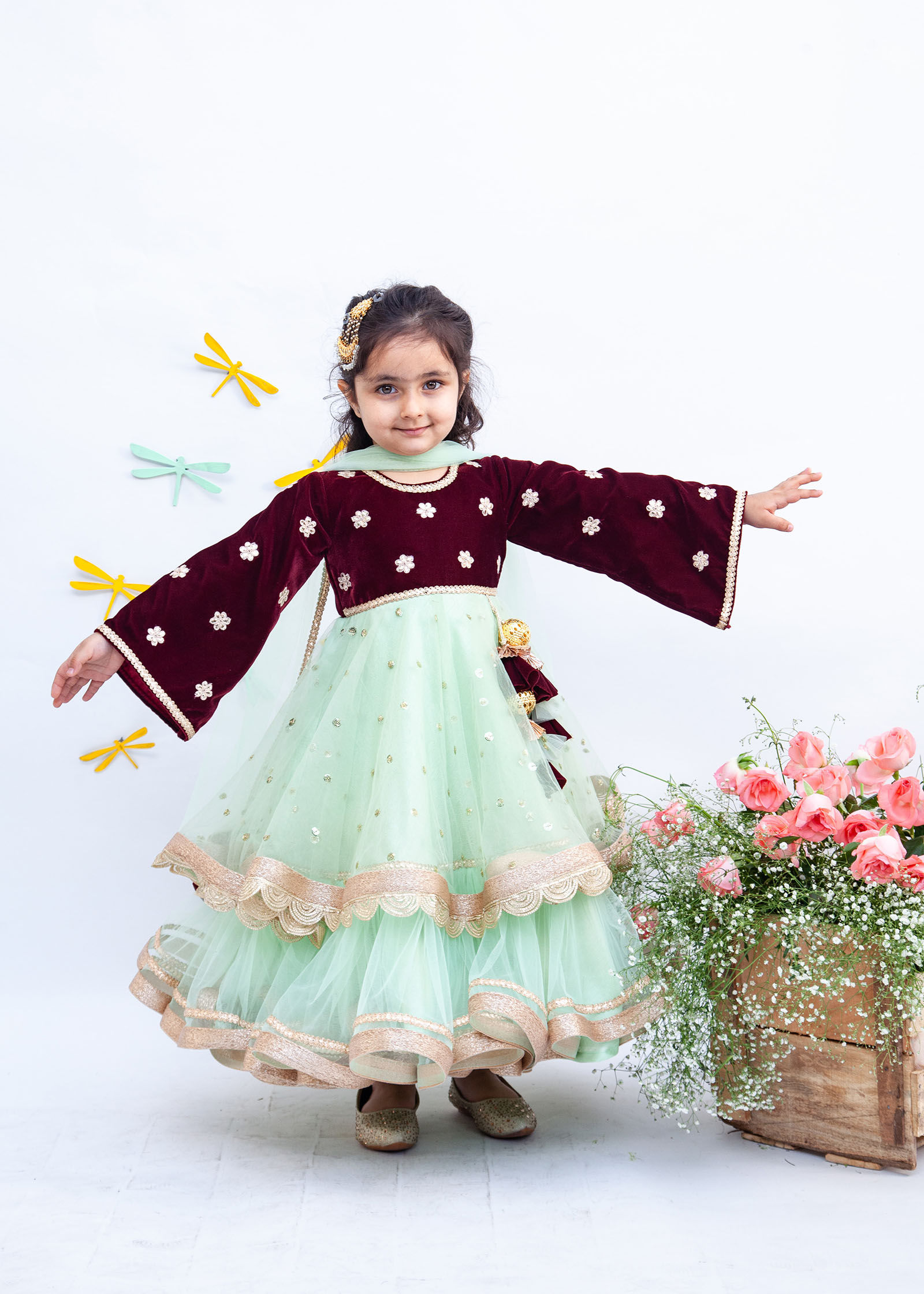Maroon Yoke with Pista Green Net Anarkali