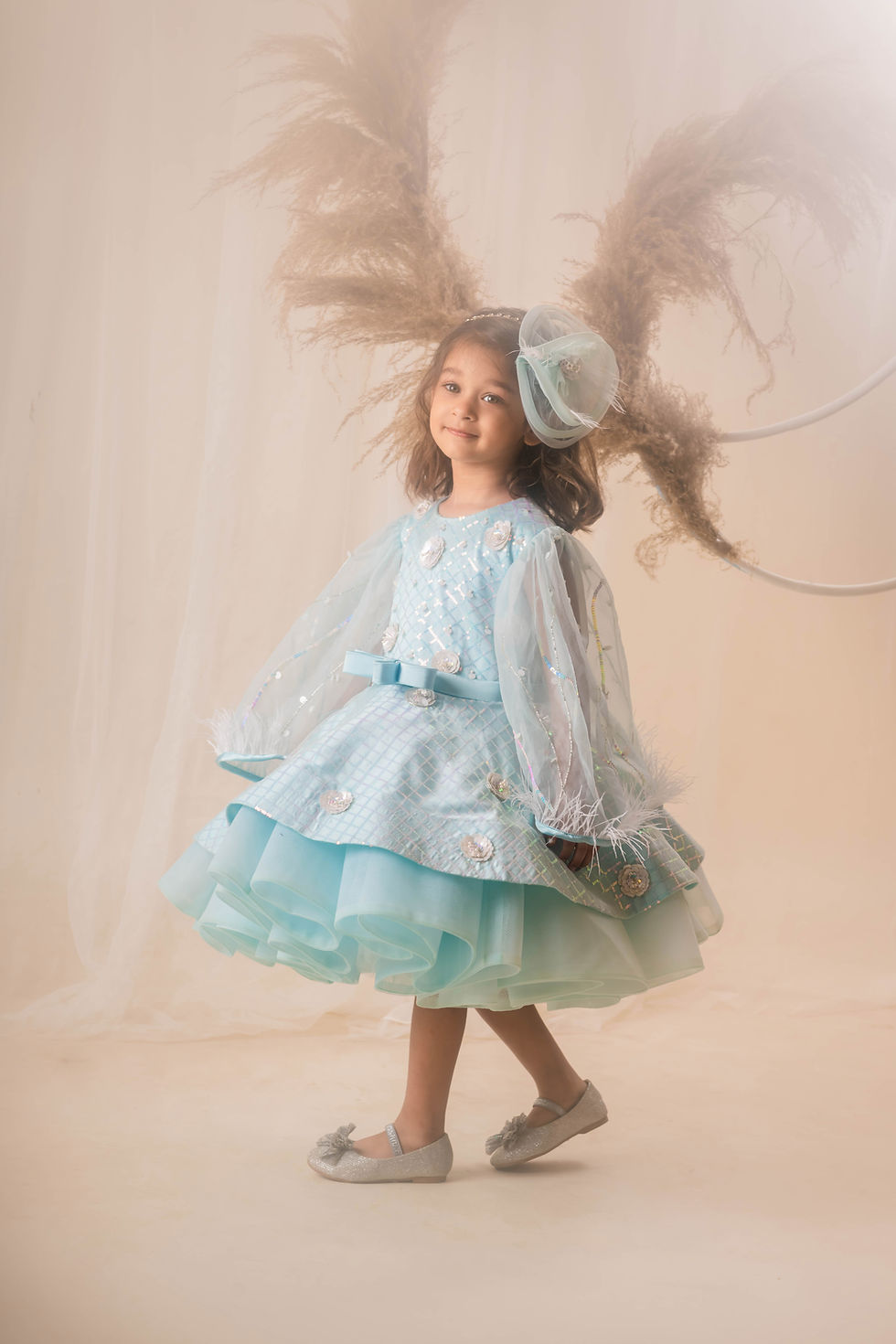 Aqua Cape Sleeves Party Dress