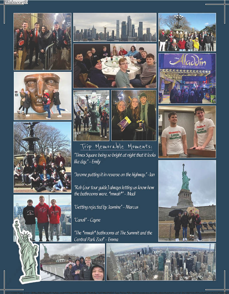 Yearbook page that details the senior trip to NYC and favorite quotes from the students and staff on the trip.