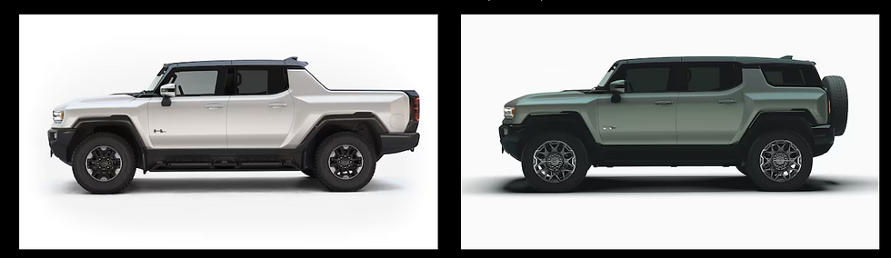 On the left there in a Hummer EV Pick-Up exterior in white from the side and on the right there is a Hummer EV SUV exterior in green from the side