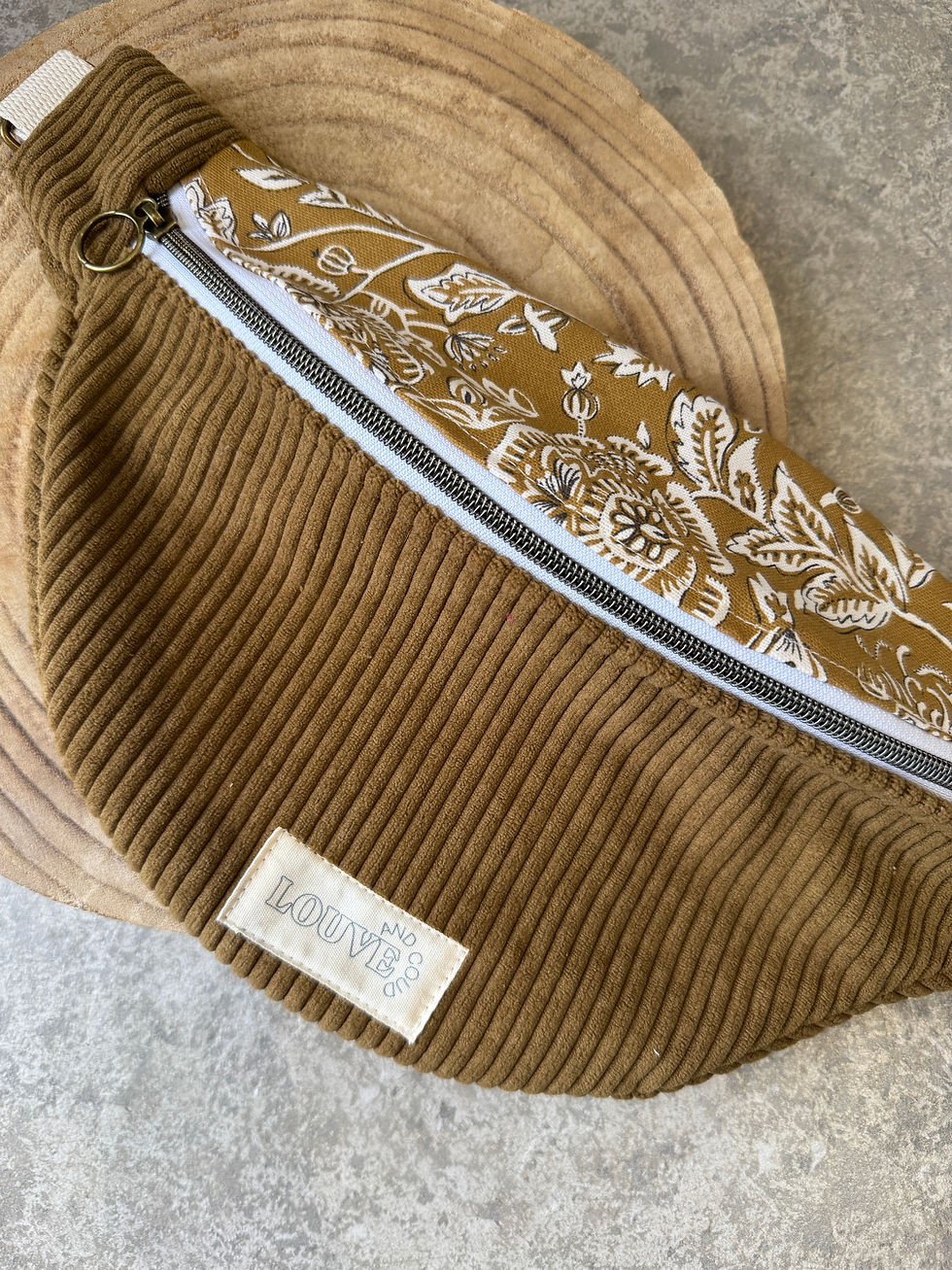 Sac Banane - Veloursôt côtelé camel+rabat motif - Taille S -