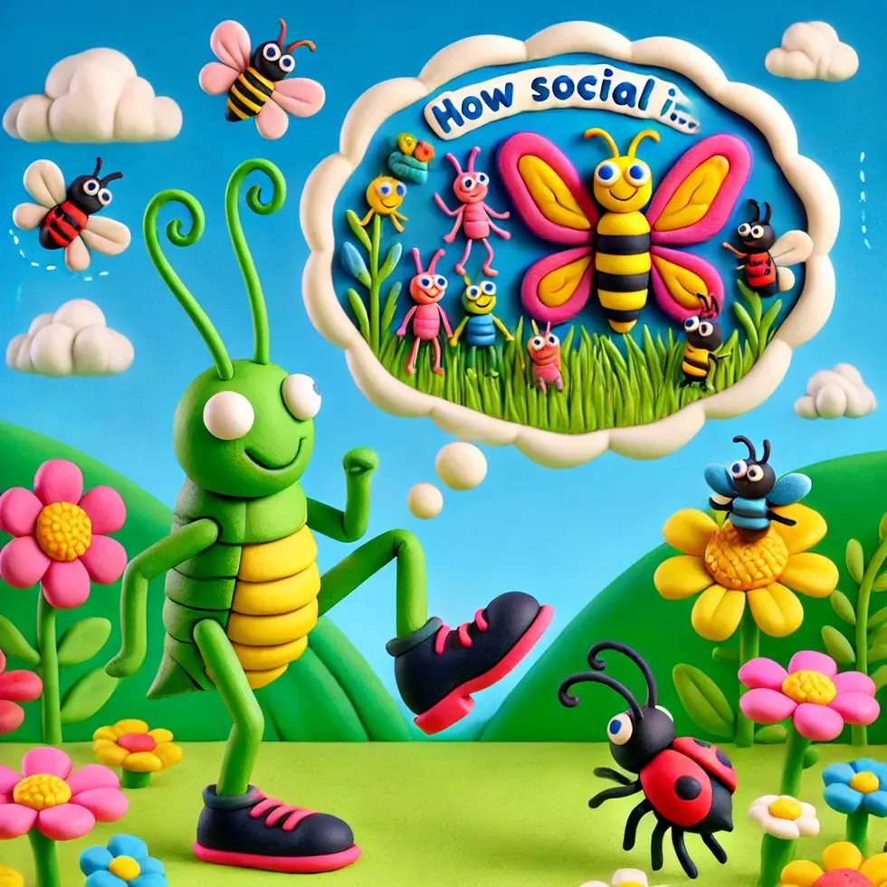 DALL·E 2024-11-06 06.37.35 - A playful, cartoon-like illustration for children featuring a cricket wearing tap dancing shoes explaining how social dancing is to a beautiful butter