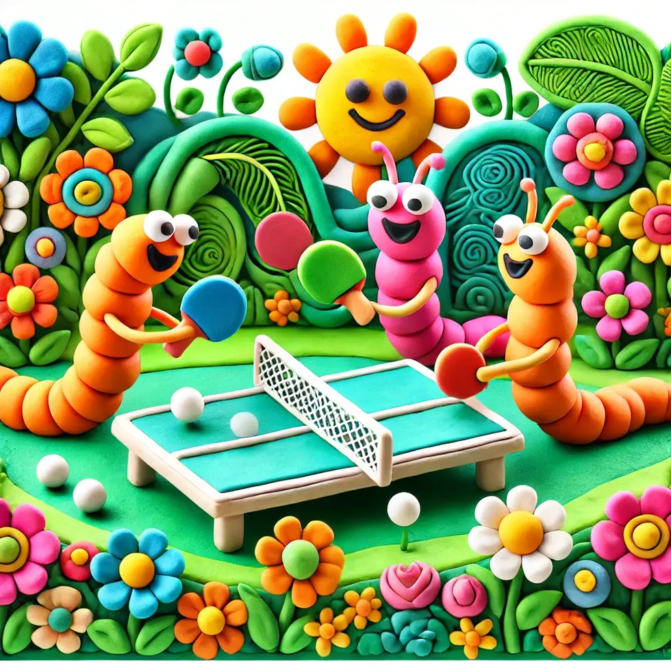 DALL·E 2024-10-05 12.42.34 - A playful, cartoon-like illustration for children featuring three worms playing ping pong on a ping pong table in a vibrant garden filled with flowers