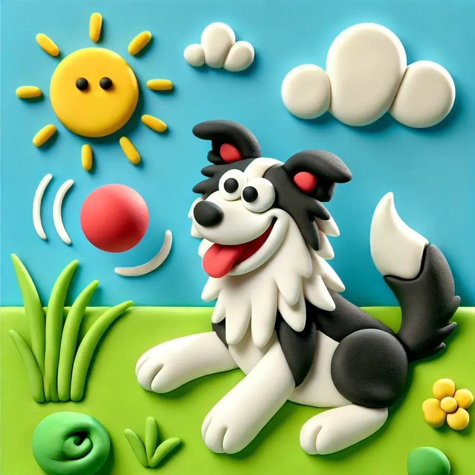 DALL·E 2024-09-02 21.23.24 - A simplified, cartoon-like image for children, featuring a cheerful Border Collie playing fetch with a small, perfectly round red ball in a bright gre