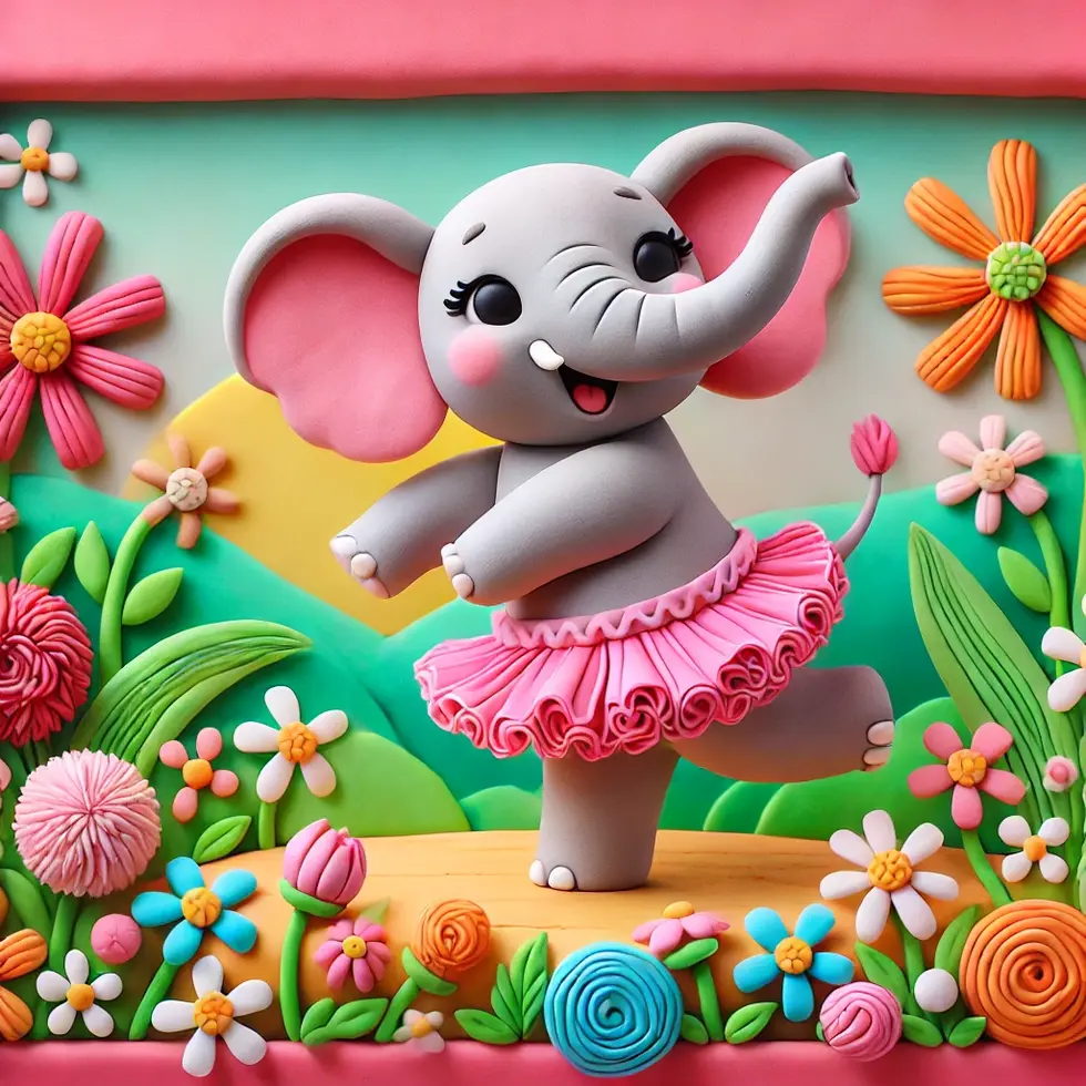 DALL·E 2024-10-05 12.34.16 - A playful, cartoon-like illustration for children featuring an elephant dancing a joyful jig while wearing a pink tutu in a vibrant garden filled with