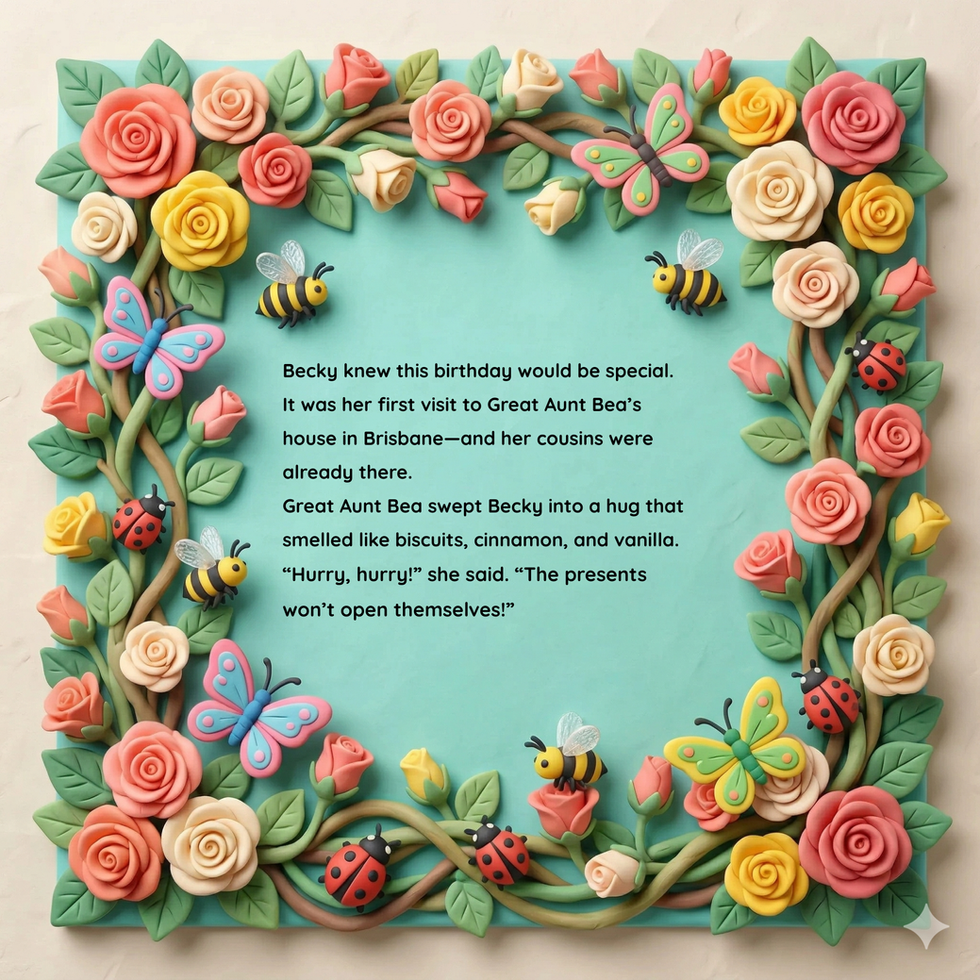 Becky knew this birthday would be special. It was her first visit to Great Aunt Bea’s house in Brisbane—and her cousins were already there. Great Aunt Bea swept Becky into a hug that smelled like 
