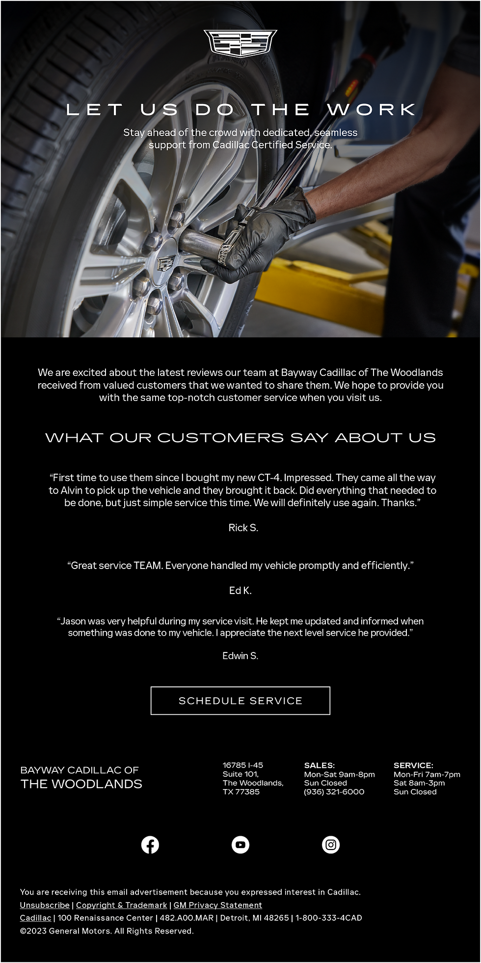 Desktop version of a Cadillac dealership service email adapted from the established GM email template