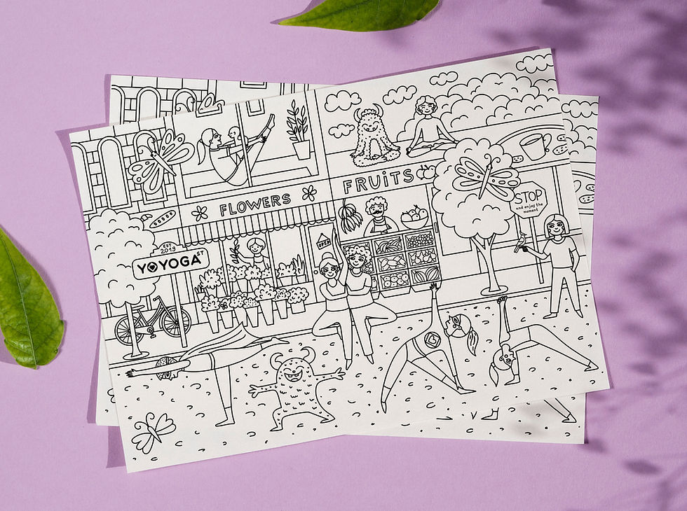 Coloring page illustration of kids practicing yoga asana, by professional coloring book illustrator and artist Yuliia Bahniuk