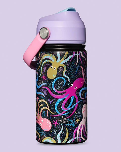 Colorful octopus surface pattern illustration by Yuliia Bahniuk on water bottle, nature-inspired licensed design for Inkaara.