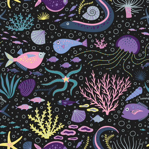 This pattern design created by Ukrainian pattern designer Yuliia Bahniuk with underwater species, sea creatures, ocean wildlife was created as a part of Black Collection, illustrated to describe the beauty of nature and particular species through art, available for licensing.