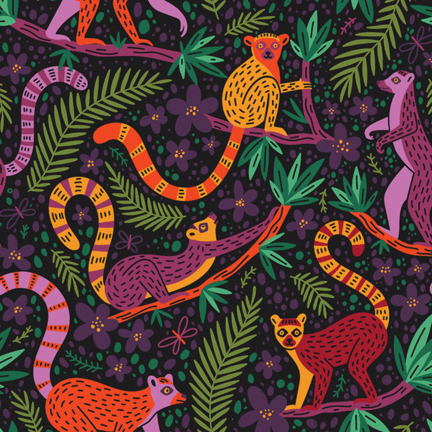 Set of surface pattern designs, created by surface pattern designer from Ukraine Yuliia Bahniuk, called Black collection. Represents different species of animals, birds, tropical and ocean, and underwater life. Owl, octopus, butterfly, stork, heron, rhino, lemur, toucan, snake, fish, jungle. Portfolio print design.
