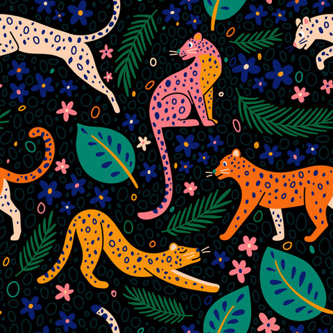 This pattern design created by Ukrainian pattern designer Yuliia Bahniuk with cute leopards in various poses was created as a part of Black Collection, illustrated to describe the beauty of nature and particular species through art, available for licensing.