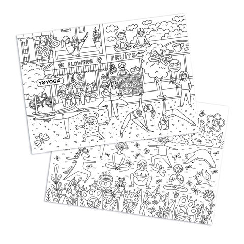 Detailed and cute coloring page illustration with kids practicing yoga - Yuliia Bahniuk. Explore detailed bird and nature-themed coloring book illustrations in folk art style by a skilled coloring book artist Yuliia Bahniuk featuring Ukrainian ornaments and patterns in delightful doodle style.