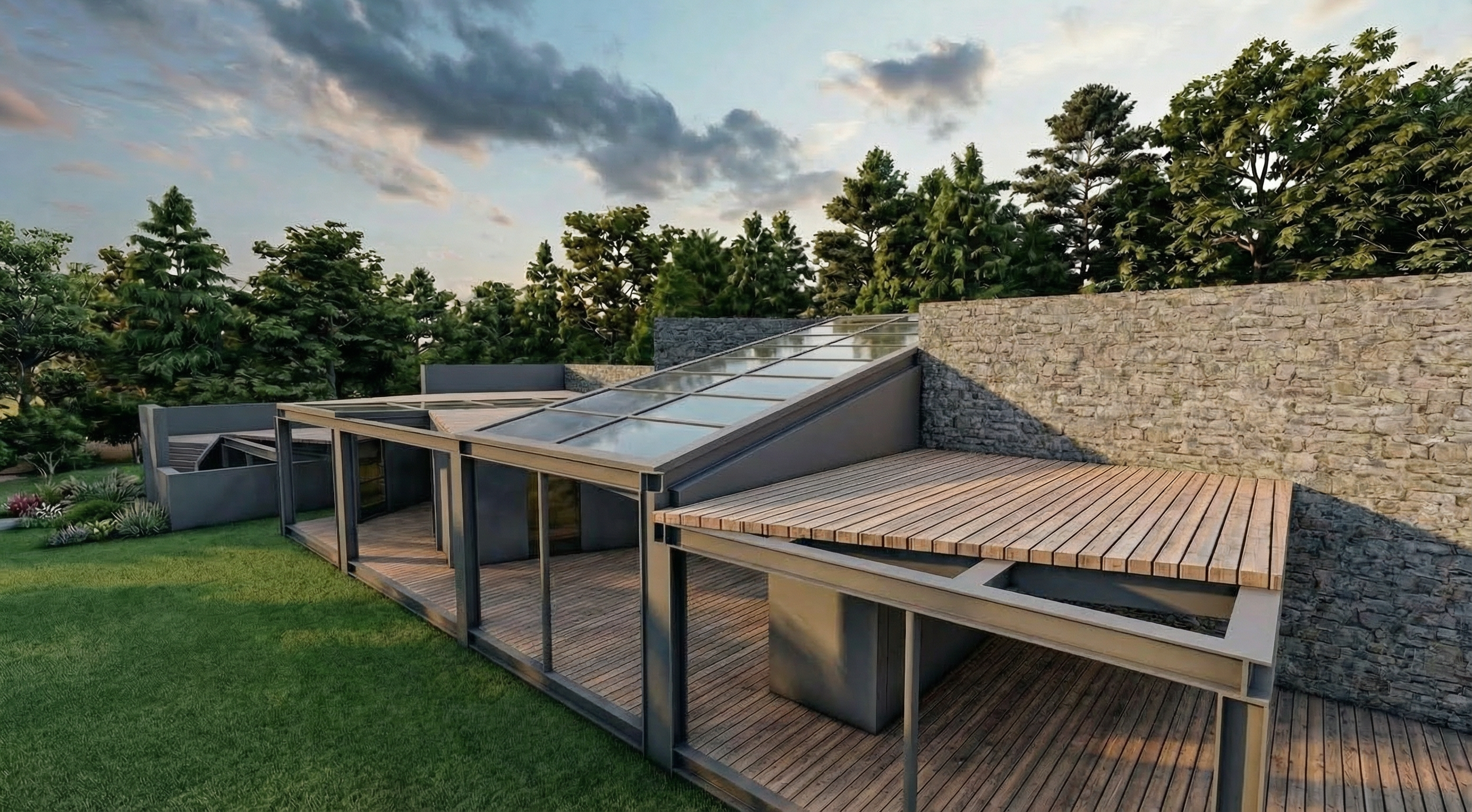 Firefly_GeminiFlash_make a photorealistic image, the structure is in steel, make garden in