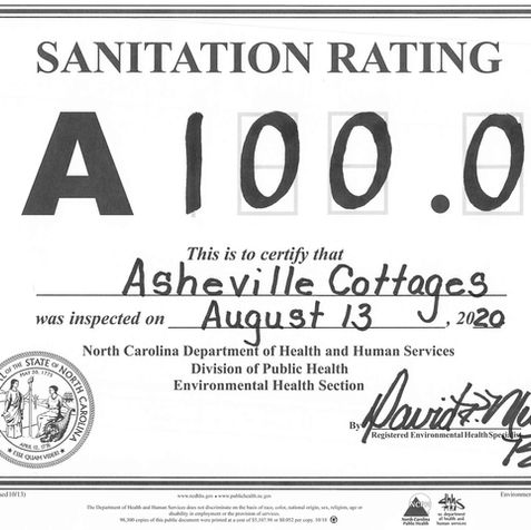 Sanitation rating of A 100.0 for Asheville Cottages inspected on August 13, 2020.