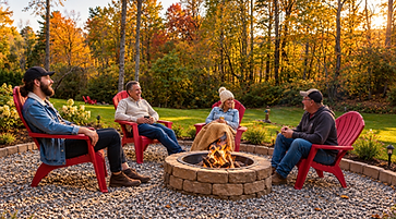 Friends sitting in red chairs around a backyard fire pit.