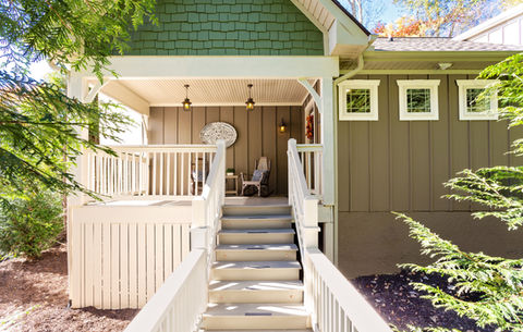 Exterior cottage with front porch and steps, Asheville Cottages New Site