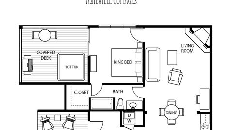 Floor plan of The Willow Asheville Cottages, including covered deck and entry.