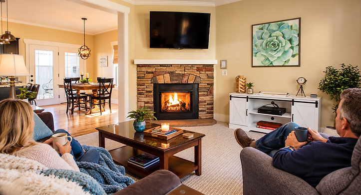 Couple relaxing by fireplace in cozy living room