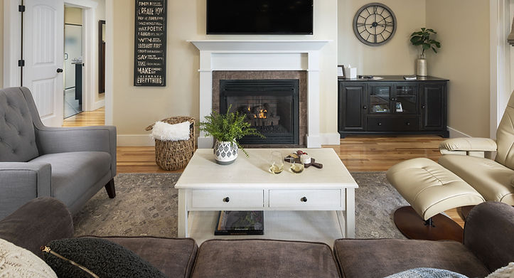 Our cabin went all with a large living area, TV and fireplace