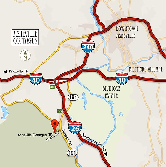 Asheville Cottage Map showing out cabins in relation to Asheville