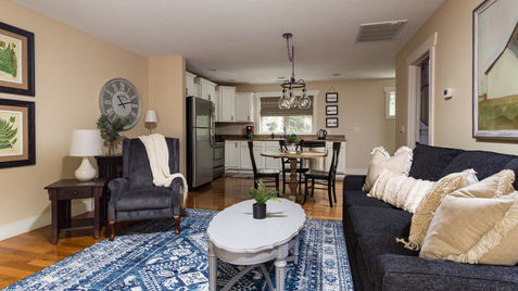 Cozy living room with blue rug, furniture, and open kitchen Asheville Cottages New Site