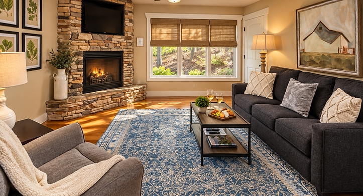 Cozy living room with stone fireplace and blue rug