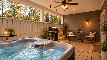 Outdoor deck at The Hickory Cottage with hot tub and grill.