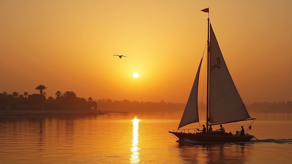 High angle view of a traditional felucca sailing on the Nile River at sunset