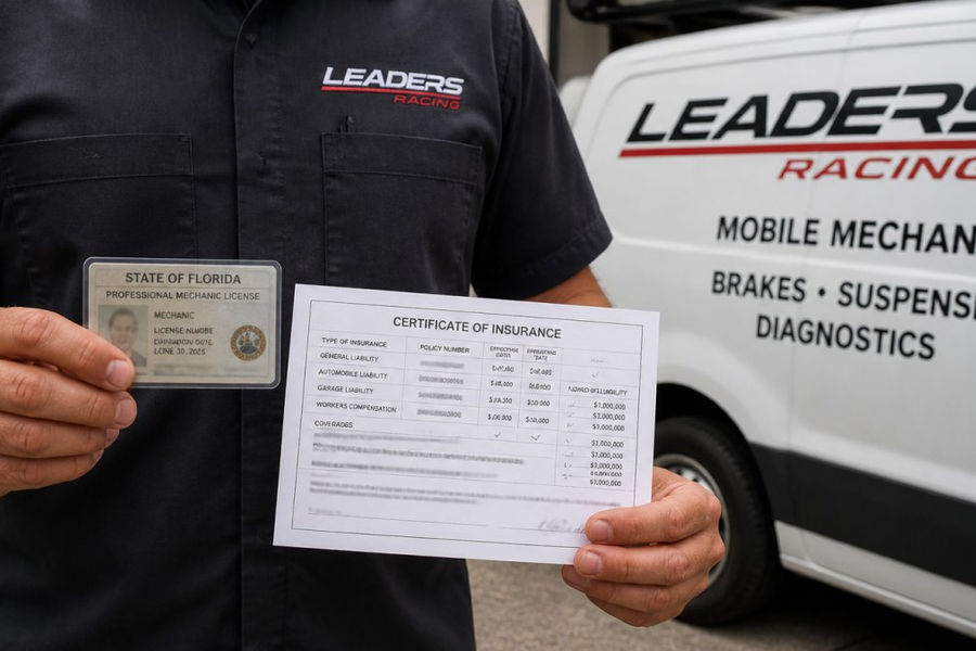 Professional mobile mechanic's hand holding a Florida license and insurance certificate while standing beside a service vehicle, showing credentials in natural daylight