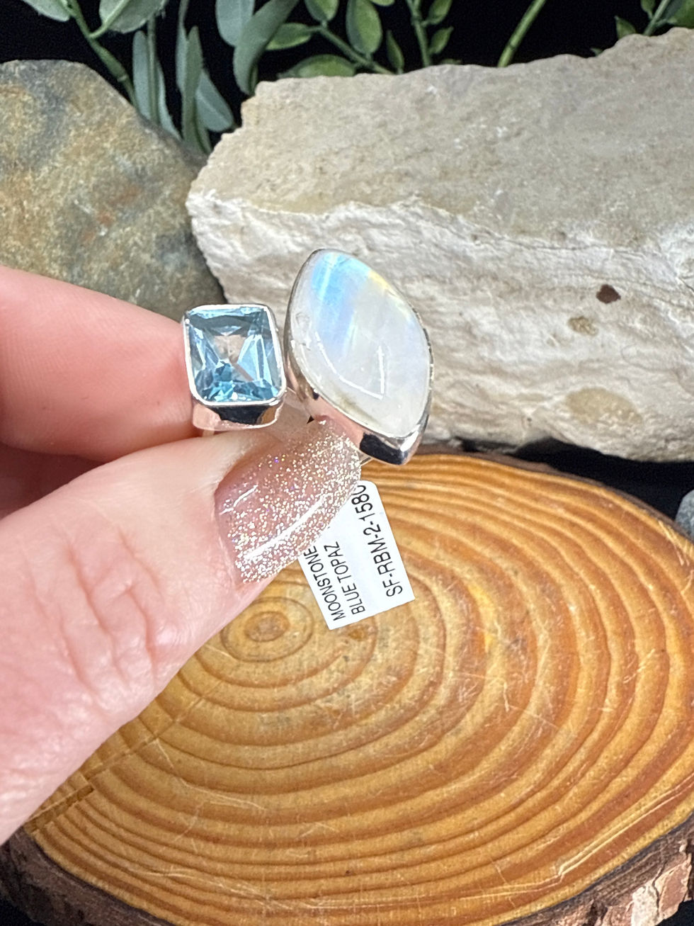 Thumbnail: Moonstone and Faceted Blue Topaz Adjustable Sterling Silver Ring - 1